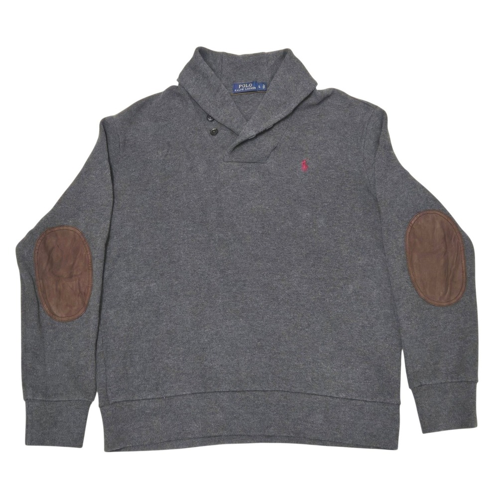 Polo Ralph Lauren Shawl Collar Pullover Sweater Suede Elbow Patches Grey Sz L